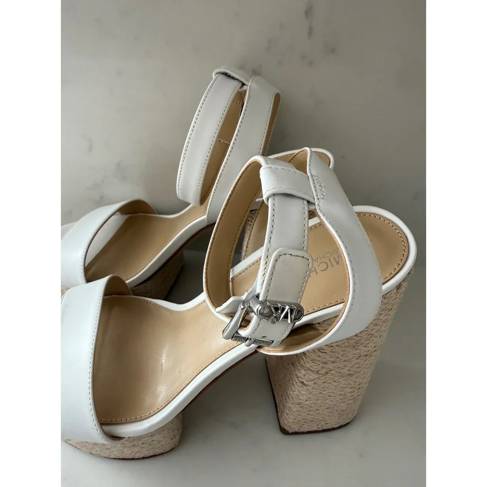 Michael Kors Ashton Platform Sandals Optic White Leather  Block Heel 7.5